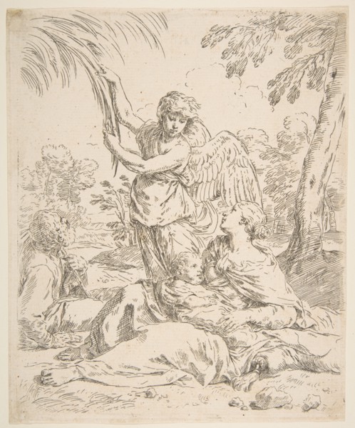 Repose in Egypt, Mary nursing the infant Christ while an angel pulls at tree branches, ca. 1639. Creator: Simone Cantarini.