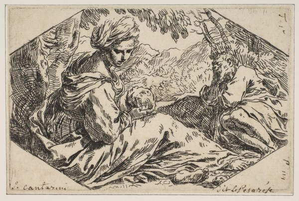 Repose in Egypt, Mary holding and looking at the infant Christ while St. Joseph s..., ca. 1637-1639. Creator: Simone Cantarini.