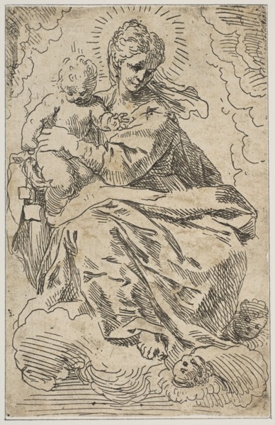 Madonna and Child on clouds, 17th century. Creator: Attributed to Simone Cantarini