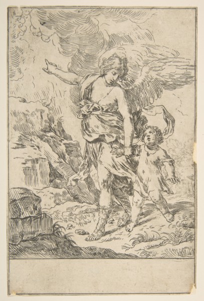 A guardian angel walking with a child, ca. 1640. Creator: Simone Cantarini.