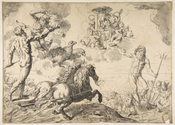 Jupiter, Neptune, and Pluto offering their crowns to the arms of Cardinal Borghese, 1642-43. Creator: Simone Cantarini.