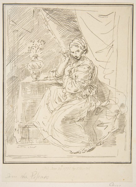 A female figure seated beside a flower vase, 1775. Creator: Unknown.
