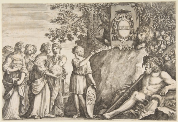 Ornament design for a thesis, the Strozzi coat of arms at top, ca. 1660. Creator: Stefano della Bella.
