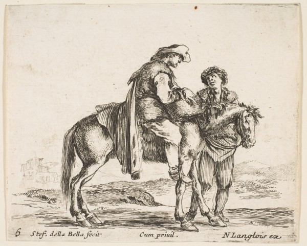 Plate 6: a peasant on horseback in profile facing the right, holding a basket and t..., ca. 1644-47. Creator: Stefano della Bella.