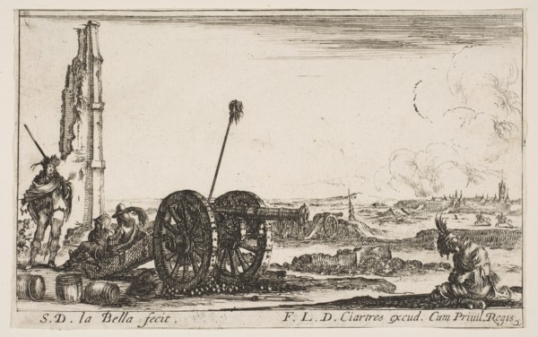 Plate 2: A cannon to the left, a town in the background, from 'Various Military Capric..., ca. 1641. Creator: Stefano della Bella.