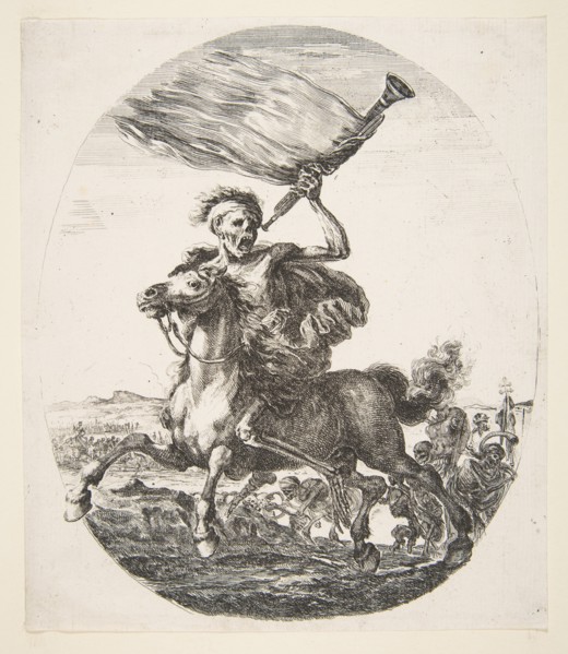 Death on horseback holding a trumpet, from 'The five deaths'