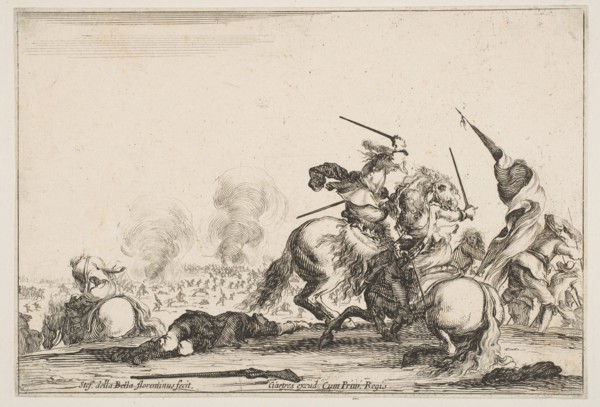 A skirmish, two horsemen battling with swords to the right, men carrying a flag runnin..., ca. 1645. Creator: Stefano della Bella.