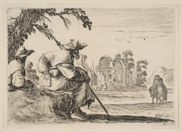 Plate 5: two pilgrims with hats rest to the left, seen from behind, a horseman rides towar..., 1642. Creator: Stefano della Bella.