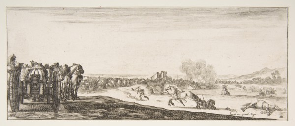 A procession of horse-drawn cannon carriages to left, horsemen in combat and a dead ho..., ca. 1641. Creator: Stefano della Bella.