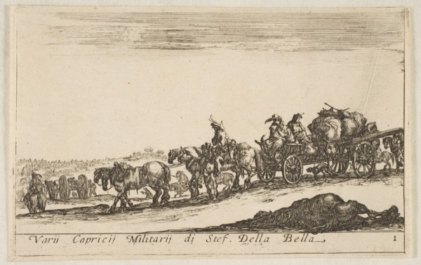 Plate 1: a horse drawn cart carrying people and goods, dead horse in the foreground, f..., ca. 1641. Creator: Stefano della Bella.