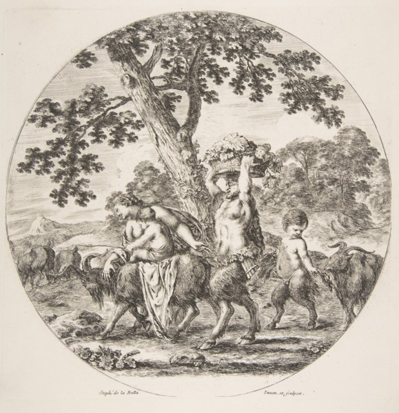 Satyr family walking towards the left with two goats and a basket of grapes, ca. 1657. Creator: Stefano della Bella.