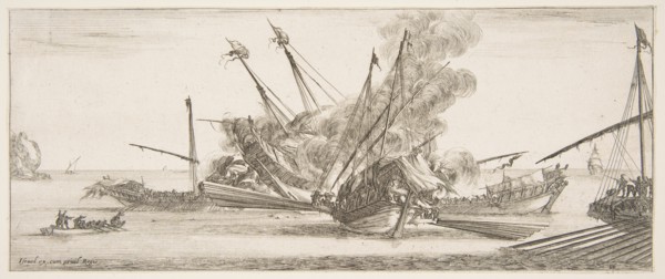 Naval combat, a ship at center, seen from behind, firing at four enemy ships, another ..., ca. 1641. Creator: Stefano della Bella.