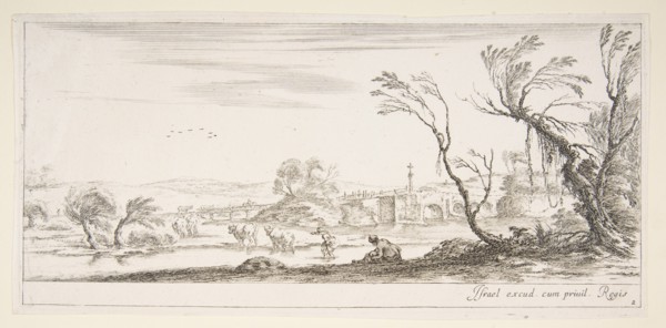 Plate 2: a peasant woman removing her shoes in center, another peasant woman and two c..., ca. 1641. Creator: Stefano della Bella.