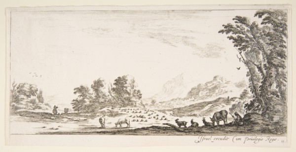 Plate 11: shepherdess seated to the right under a tree, watching her flock to the left..., ca. 1641. Creator: Stefano della Bella.