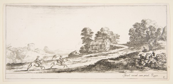 Plate 9: two horsemen at left galloping uphill towards the right, a horse and seated m..., ca. 1641. Creator: Stefano della Bella.