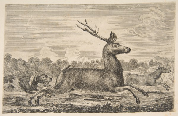 Hounds Chasing a Stag and a Doe, ca. 1654. Creator: Stefano della Bella.