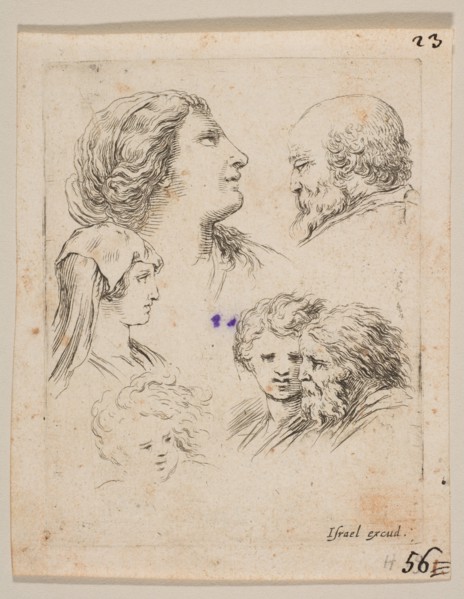 Plate 9: five heads, two young women at left, a bearded man at upper right, a young wo..., ca. 1649. Creator: Stefano della Bella.