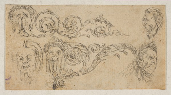 Plate 4: five grotesque heads, from 'Friezes, foliage, and grotesques'