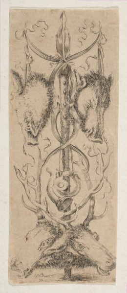 Hunting Trophy with Stag Heads at Bottom, ca. 1653. Creator: Stefano della Bella.