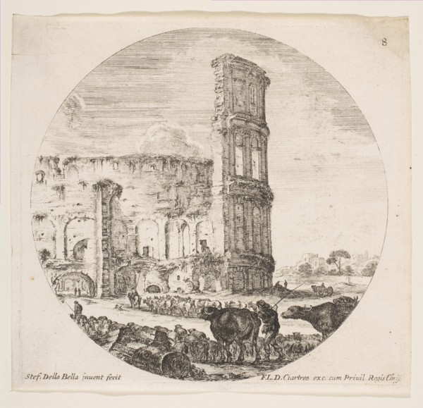 Plate 8: the Colosseum, two herds being directed towards the amphitheater in the foreg..., ca. 1646. Creator: Stefano della Bella.