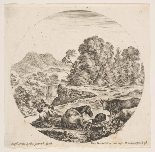 Plate 10: a horse lying down at center, a cow and two goats at right, two seated sheph..., ca. 1646. Creator: Stefano della Bella.