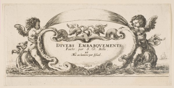 Frontispiece: cartouche at center, putti on either side riding on dolphins, from 'V..., ca. 1646-47. Creator: Stefano della Bella.