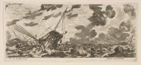 Plate 6: three ships in a storm, from 'Various Embarkations'