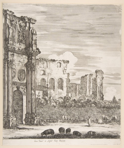 Arch of Constantine and Colosseum with sheep grazing in foreground, from 'Six large views..., 1656. Creator: Stefano della Bella.