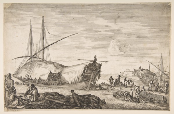 A galley covered in sails to left, six cannons and four people to left in foreground, one ..., 1655. Creator: Stefano della Bella.