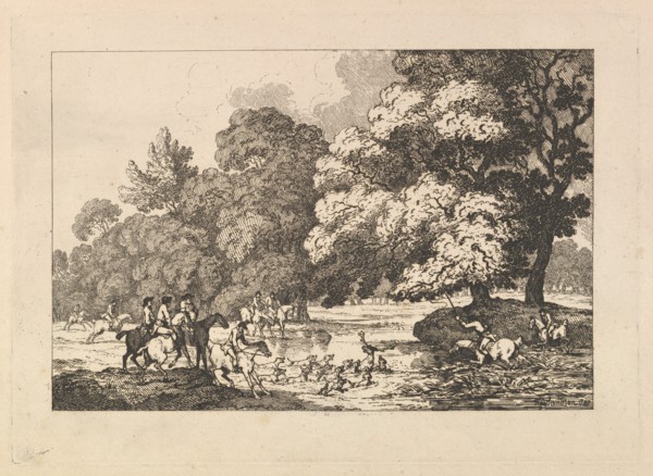 Deer Hunting - A Landscape Scene with Stag and Hounds in a River, 1787. Creator: Thomas Rowlandson.