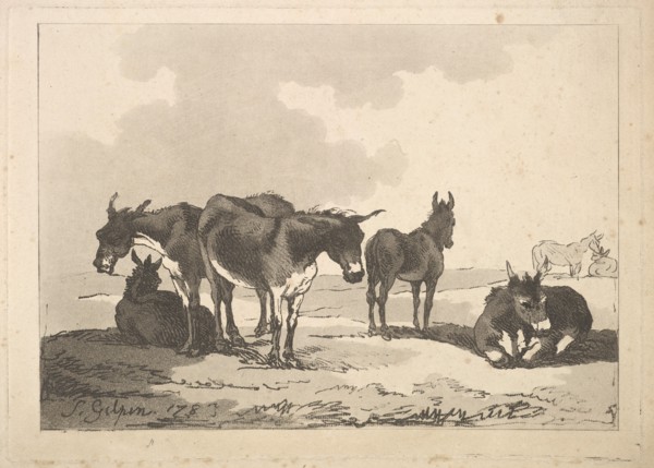 A Group of Five Donkeys, Three Standing, Two Lying, 1783-87. Creator: Thomas Rowlandson.