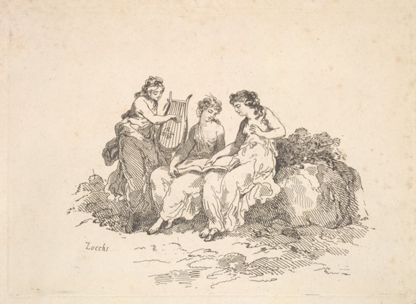 Harmony - Two Nymphs Singing, Another Playing a Lyre, 1784-88. Creator: Thomas Rowlandson.