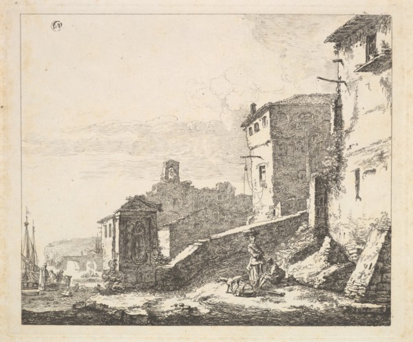 Village Scene with Woman Standing Beside a Seated Man