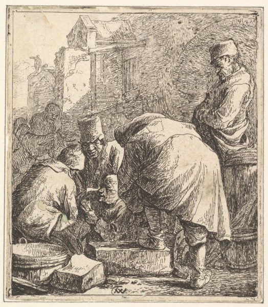 Man Adjusting His Footwear, at Left Three Men Playing Cards, 1630-77. Creator: Thomas Wijck.