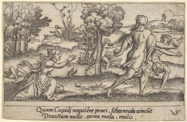Atalanta and Hippomenes, in the foreground Atalanta kneeling to pick up an apple an..., ca. 1535-62. Creator: Virgil Solis.