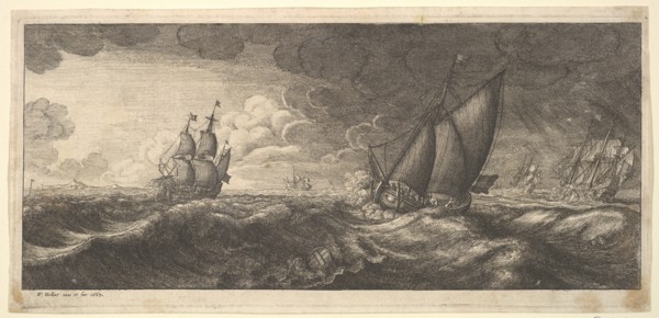 A yacht and three warships in a storm, 1665. Creator: Wenceslaus Hollar.