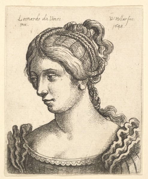 Bust of a woman looking downwards towards left with elaborately decorated hair, 1648. Creator: Wenceslaus Hollar.