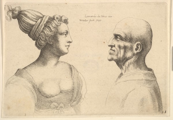 A female with hair tied back and a bald male facing each other, 1645. Creator: Wenceslaus Hollar.