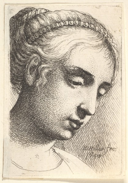 Woman with string of pearls in her hair looking downwards to right, 1645. Creator: Wenceslaus Hollar.