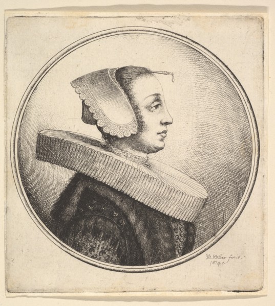 Woman with circular ruff, bonnet and hair-pin, in profile to right, 1645. Creator: Wenceslaus Hollar.