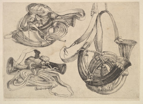 Seven hunting horns in three groupings, 1625-77. Creator: Wenceslaus Hollar.