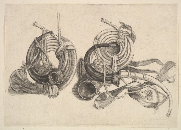 Five hunting horns, 1625-77. Creator: Wenceslaus Hollar.