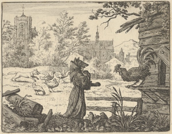 Renard, Disguised as a Monk, Gains the Confidence of the Rooster. From Hendrick van Alcmar's Renard The Fox, 1650-75. Third state of four.