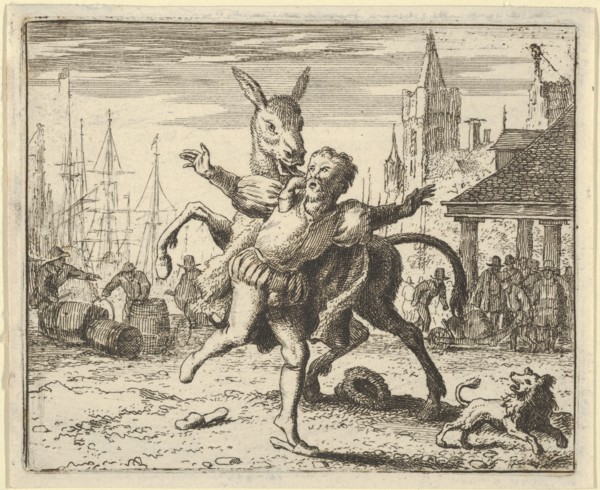 The Ass, Jealous of the Attention the Dog Is Getting From His Master, Looks to Imitate Him by Jumping at the Master's Neck. From Hendrick van Alcmar's Renard The Fox, 1650-75. Third state of four.