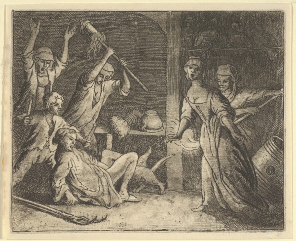 The Cat, Caught in a Snare, is Mistreated by the People from the House. From Hendrick van Alcmar's Renard The Fox, 1650-75. Fourth state of five.