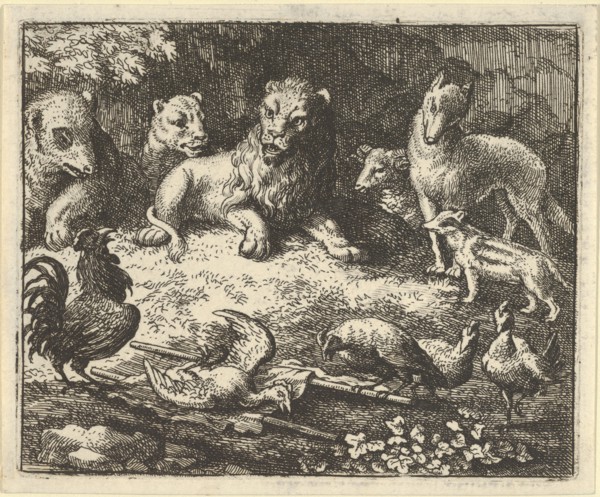 The Rooster Accuses Renard of Murdering his Chicken. From Hendrick van Alcmar's Renard The Fox