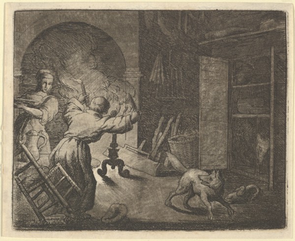 Renard Escapes with a Chicken that he Stole from a Clergyman's Table. From Hendrick van Alcmar's Renard The Fox
