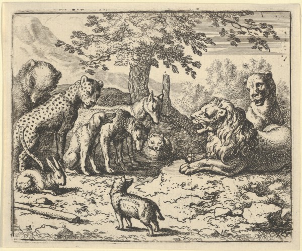 The Lion Takes the Advice of the Other Animals for Renard's Punishment. From Hendrick van Alcmar's Renard The Fox