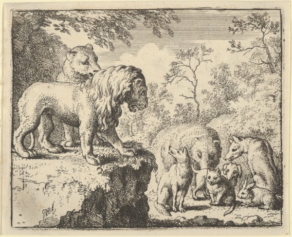 The Lion and the Lioness Pardon Renard and Order the Other Animals to Forget His Crimes. From Hendrick van Alcmar's Renard The Fox