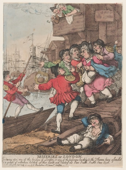 Miseries of London: Entering upon any of the bridges of London or any of the passages leading to the Thames being assailed by a groupe [sic] of watermen holding up their hands and bawling out. Oars Sc...
